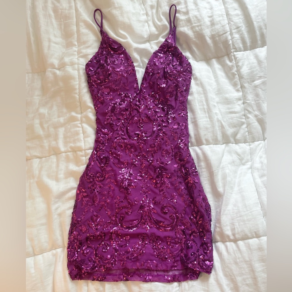 Windsor magenta V neck lace up back mini sequins dress